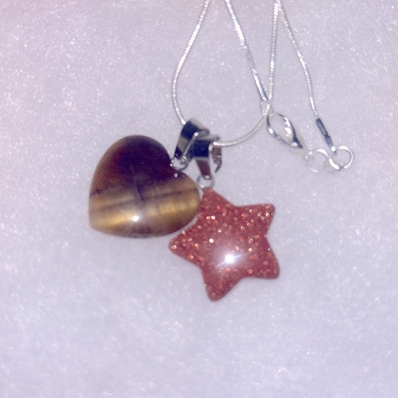 Tigers Eye heart ❤️ and Goldstone Star sterling silver necklace - Picture 5 of 6